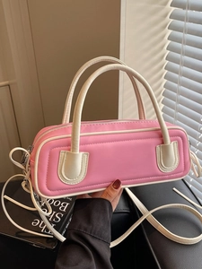 Women Chic Baguette Bag Contrast Color PU Leather Stitching Crossbody Bag Fashion Handbag Modern Shoulder Bag Daily Purse