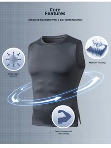 Detail of high-stretch quick-dry men's gym vest with moisture wicking fabric icons