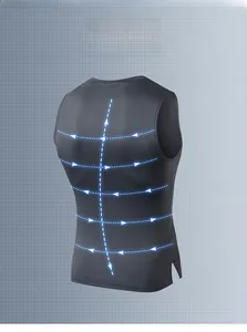 Detail view of men's athletic vest back with blue contour lines showing compression fit
