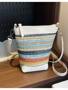 Bohemian Multicolor Stripe Woven Crossbody Bag Summer Straw Bucket Mobile Phone Bag For Women Casual Vacation Shoulder Bag