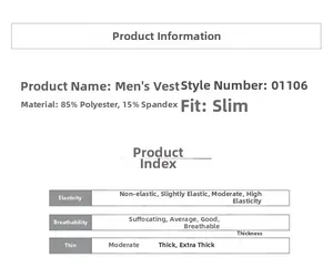 Detail view of men's gym vest specs with 85% polyester fabric and slim fit design