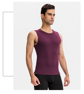 Detail of high-elasticity quick-dry fitness tank top in deep purple for men's workouts