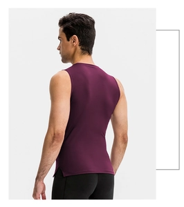 Men's dark red gym vest side view showing elastic breathable fabric and side slit detail
