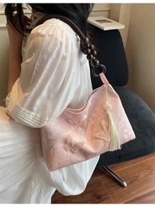 Sac Cabas Femme Vintage Brodé Papillon Grande Capacité Sac à Bandoulière Avec Poignée en Perles de Bois Pendentif Frange