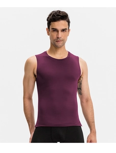 Detail of purple compression gym vest on muscular male model with clean studio background