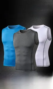 Detail of three men's compression vests in blue, grey, and white with flat seams