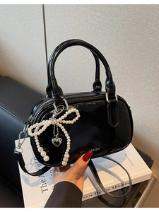 Retro High Gloss PU Leather Boston Bag For Women Artificial Pearl Bow Heart Charm Handbag Crossbody Shoulder Bag Vintage Casual Top Handle Bag