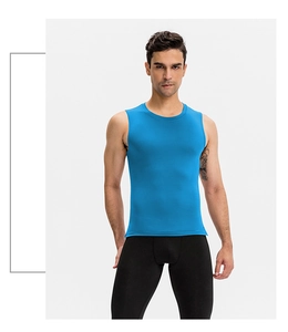 Front view of men's sky blue compression vest with breathable fabric and crew neck
