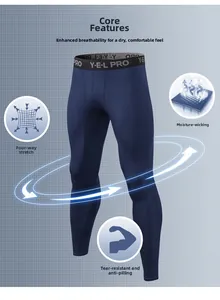 Men's navy compression pants detail with elastic waistband and moisture-wicking fabric