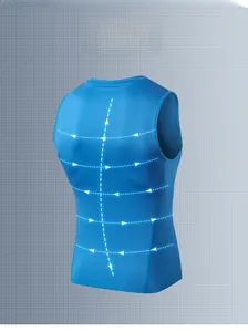 Detail view of men's navy blue quick-dry gym vest featuring multi-directional stretch