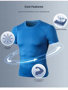 Breathable blue compression t-shirt for men featuring 4-way stretch and moisture wicking