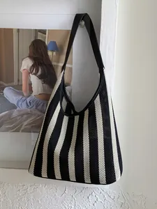 Women Casual Striped Woven Shoulder Bag Large Capacity Crochet Tote Bag Summer Beach Travel Fashion Commute Handbag