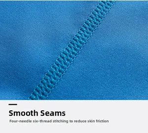 Close-up of professional four-needle six-thread flat seams on blue athletic tank top