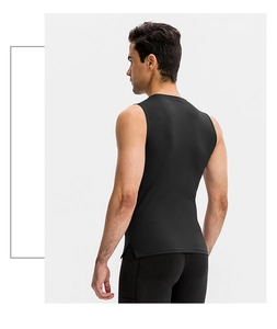 Detailed side view of men's slim fit sports tank top with side split hem in black