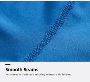 Detail of four-needle six-thread stitching on blue high-elastic fitness fabric