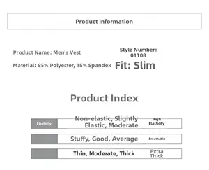 Detailed spec chart of men's slim fit sports vest with 85% polyester and 15% spandex
