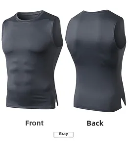 Front and back views of grey compression gym vest with side slits and elastic fabric