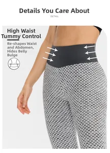 Detail view of high waist honeycomb yoga leggings with tummy control and shaping texture