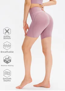 Detailed side view of high-waisted yoga shorts in lavender with lifting seams