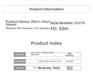 Men's PRO fitness t-shirt specifications with 85% polyester and 15% spandex details