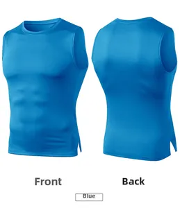 Front and back views of blue slim fit sports tank top with side slit details