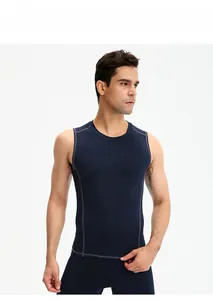 Deep blue men's compression tank top for running with contrast grey stitching