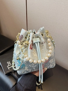 Nouveau Sac Seau Broderie Style Chinois Poignée Künstliche Perle Vintage Jacquard Cordon de Serrage Sac Bandoulière Femme Fête Banquet