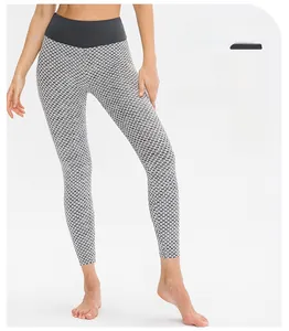 Close-up of high waist honeycomb textured yoga leggings with tummy control gray waistband