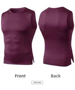 Front and back view of men's burgundy compression gym tank top with side split detail