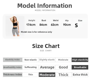 Size chart showing model measurements and high elasticity for yoga workout shorts
