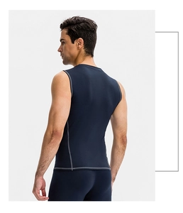 Detail of grey flatlock stitching on navy blue quick-dry compression gym vest for men