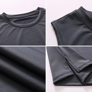 Detail shots of men's gym vest showing stitching, fabric texture, and side slit design