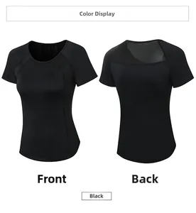 Vues détaillées avant et arrière du t-shirt de yoga noir avec empiècements en mesh