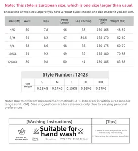 Detailed size chart for high waist yoga shorts with measurements and care instructions