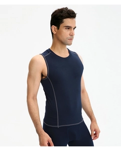 Detail of navy blue compression vest featuring grey reinforced seams and round neck