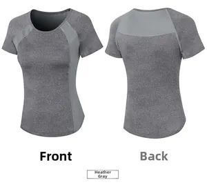 Vues avant et arrière des empiècements en mesh gris sur le t-shirt de yoga minceur