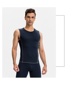 Men's navy compression set with sleeveless vest and leggings featuring grey muscle stitching