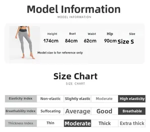 Size chart showing model measurements and high elasticity fabric specs for yoga leggings