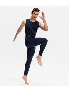 Men's navy blue quick-dry compression gym set featuring sleeveless top and leggings
