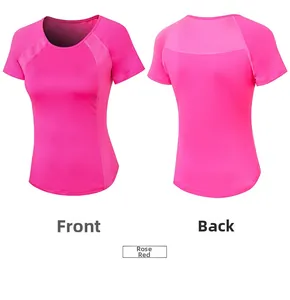 Vues détaillées avant et arrière du t-shirt de yoga rose respirant à coupe ajustée