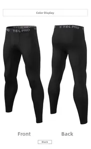 Front and back view of men's black PRO compression pants with elastic breathable fabric
