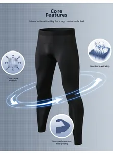 Detail of black compression pants showing four-way stretch and moisture-wicking fabric