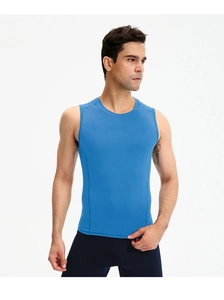 Detail of light blue compression vest with reinforced flatlock stitching for sports