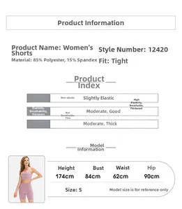 Size chart for high-waisted yoga shorts with fabric details and model measurements