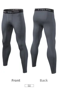 Front and back views of men's pro compression pants in charcoal grey with elastic waistband