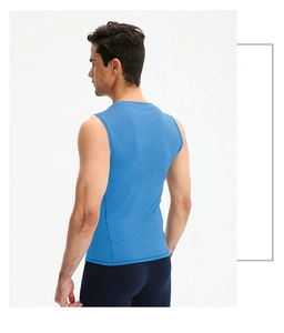 Detail of men's sky blue compression tank top showing back cut and slim fit design