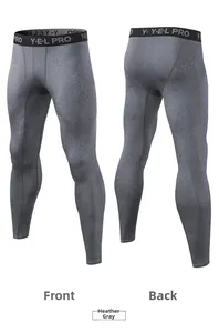 Front and back views of gray compression pants with a wide elastic branded waistband