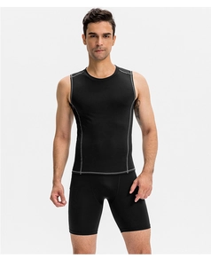 Detail of men's quick-dry compression vest and shorts set with flatlock contrast stitching