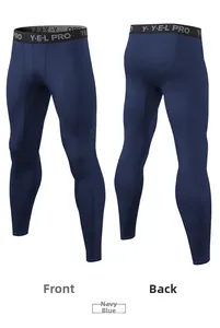 Detail view of navy blue men's pro compression pants showing front and back stretch fabric