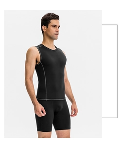 Side view of men's compression vest and shorts with gray contrast stitching details